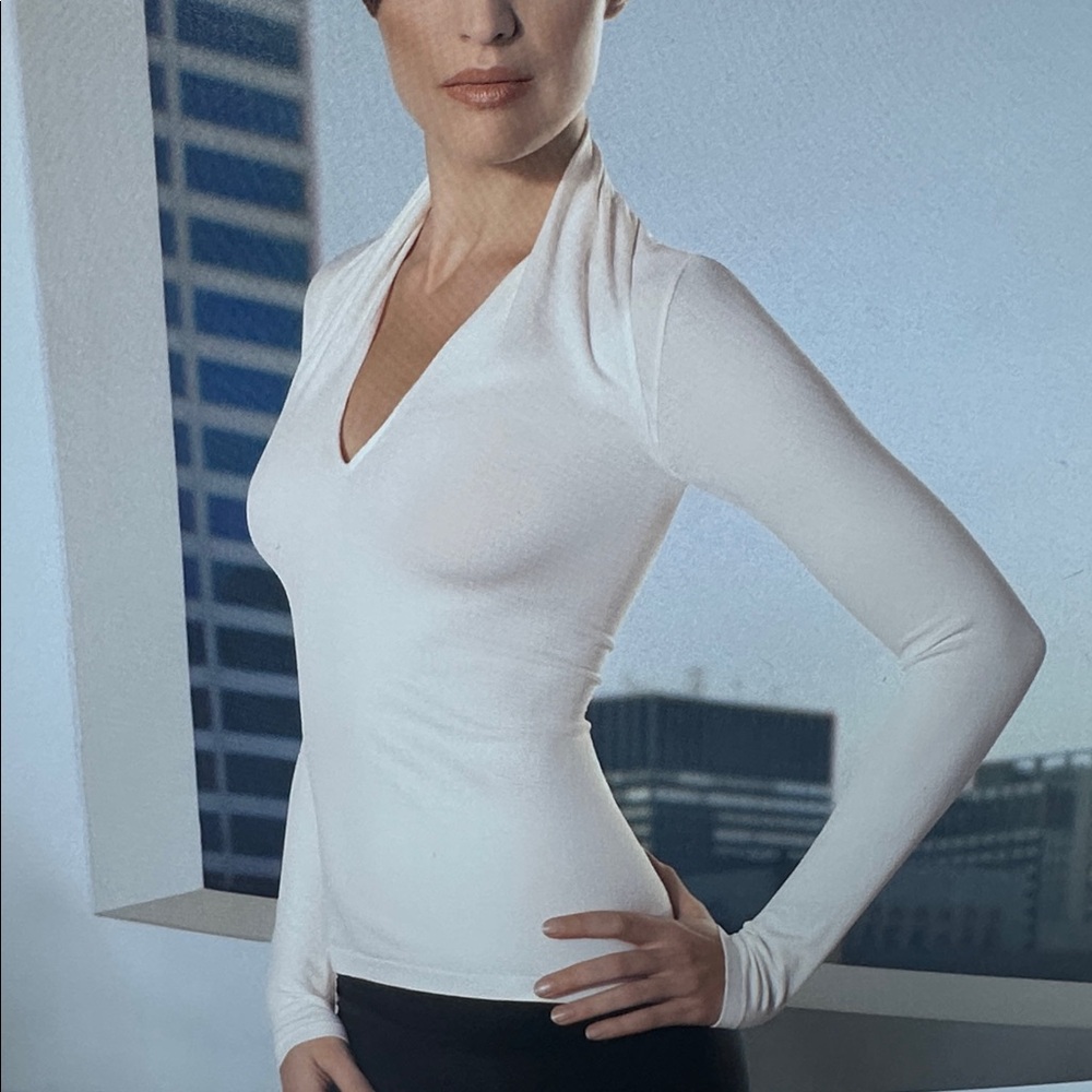 Wolford White Long-Sleeve V-Neck Fitted Top